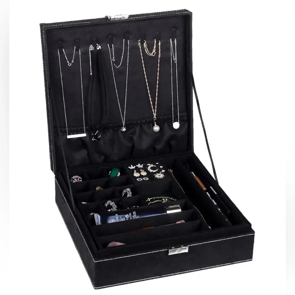 Large Black Jewelry Velvet Organizer Box with key lock